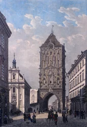 Ansicht des Pulverturms von Westen, graviert von V. Merklas, 1835